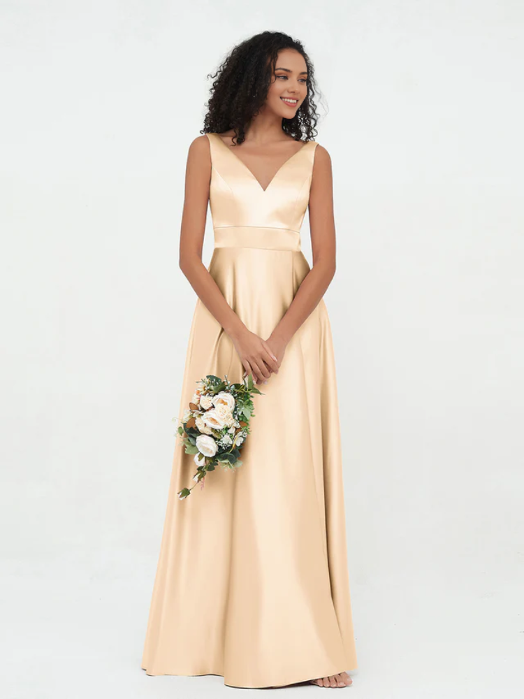Satin Spaghetti-Strap Deep V-Neck A-Line Floor-Length Bridesmaid Dresses