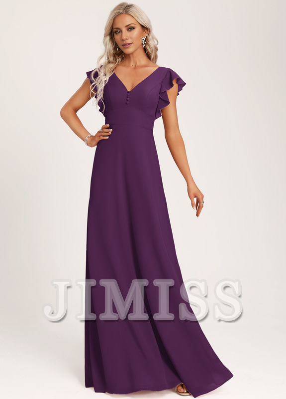 Vestido de dama de honor de gasa con volantes, escote en V y largo hasta el suelo