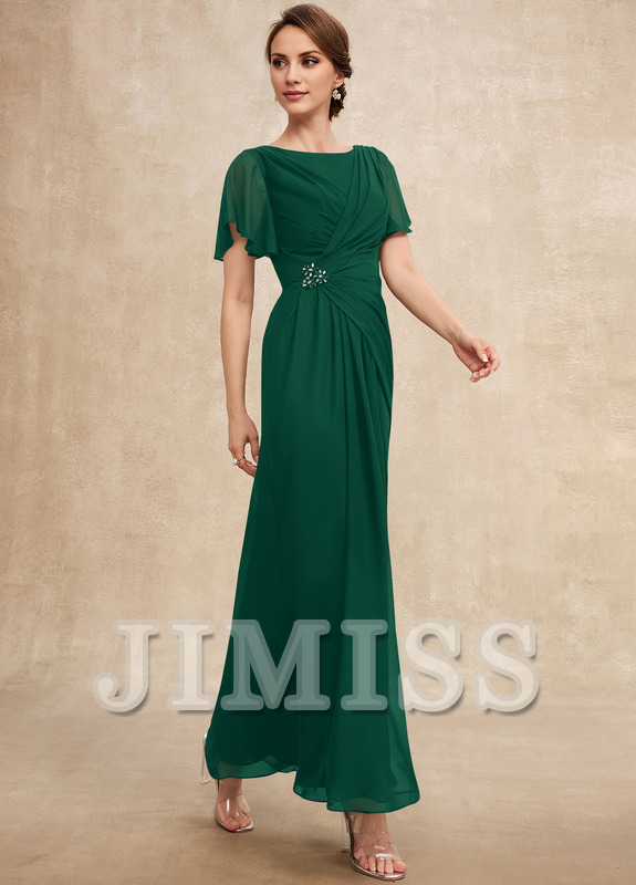 Vestido de gasa para madre de la novia, de corte A, plisado, con cuentas y escote pronunciado hasta los tobillos