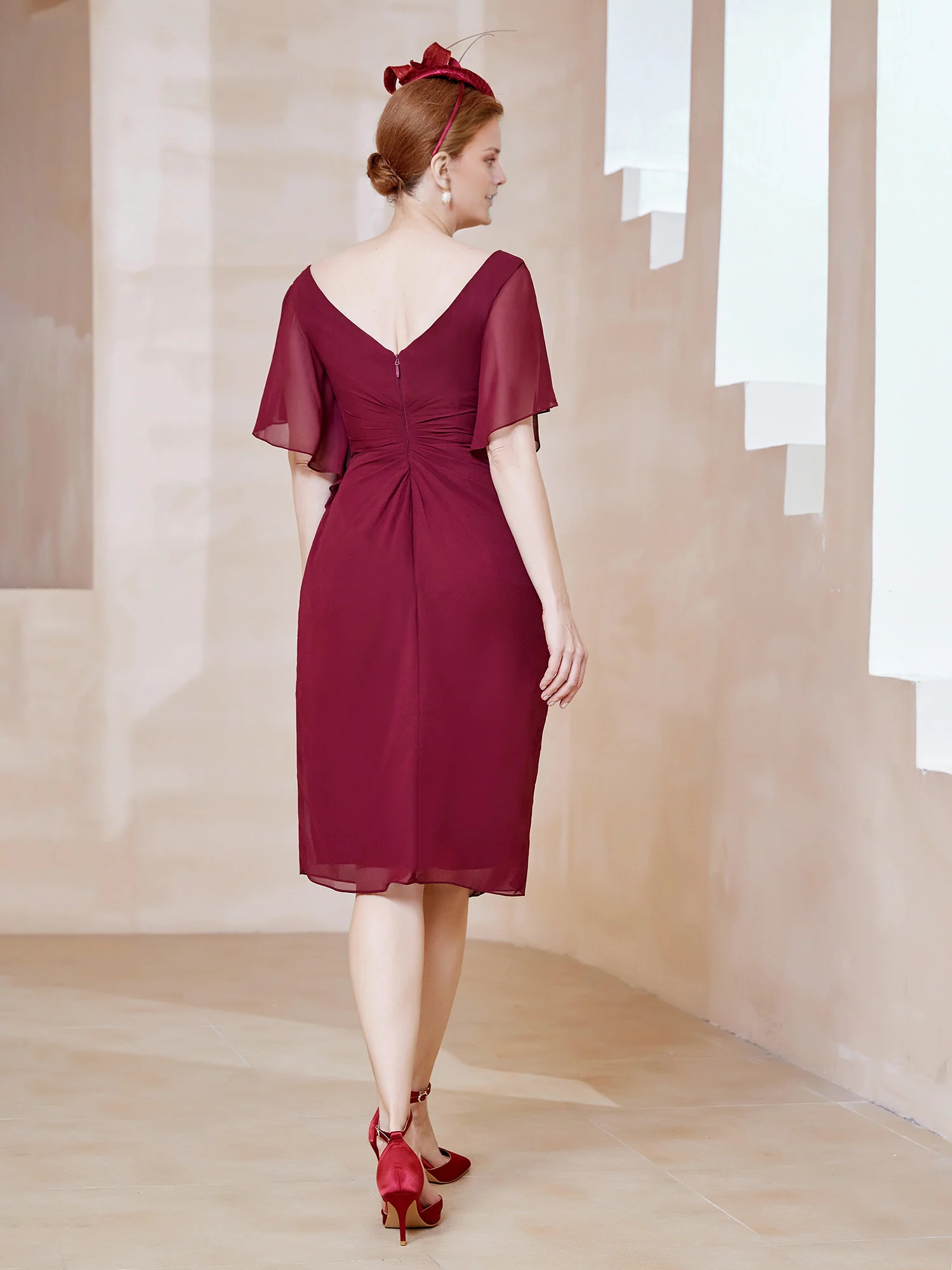 Burgundy Chiffon A-Line Knee-Length Dress with V-Neck and Flutter Sleeves