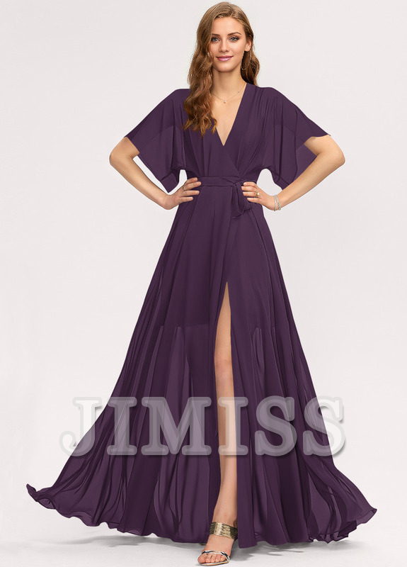 Abito da damigella d'onore in chiffon lungo fino al pavimento, con scollo a V e linea ad A