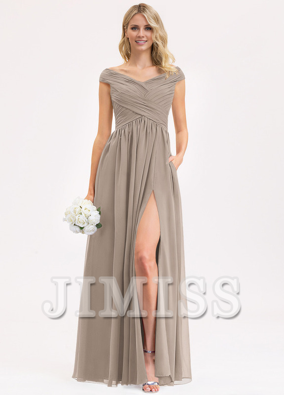 Vestido de dama de honor de gasa con volantes, corte A y largo hasta el suelo