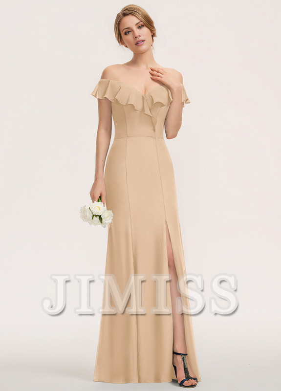 Vestido de dama de honor de gasa hasta el suelo, ajustado, con volantes escalonados y sin tirantes con columnas