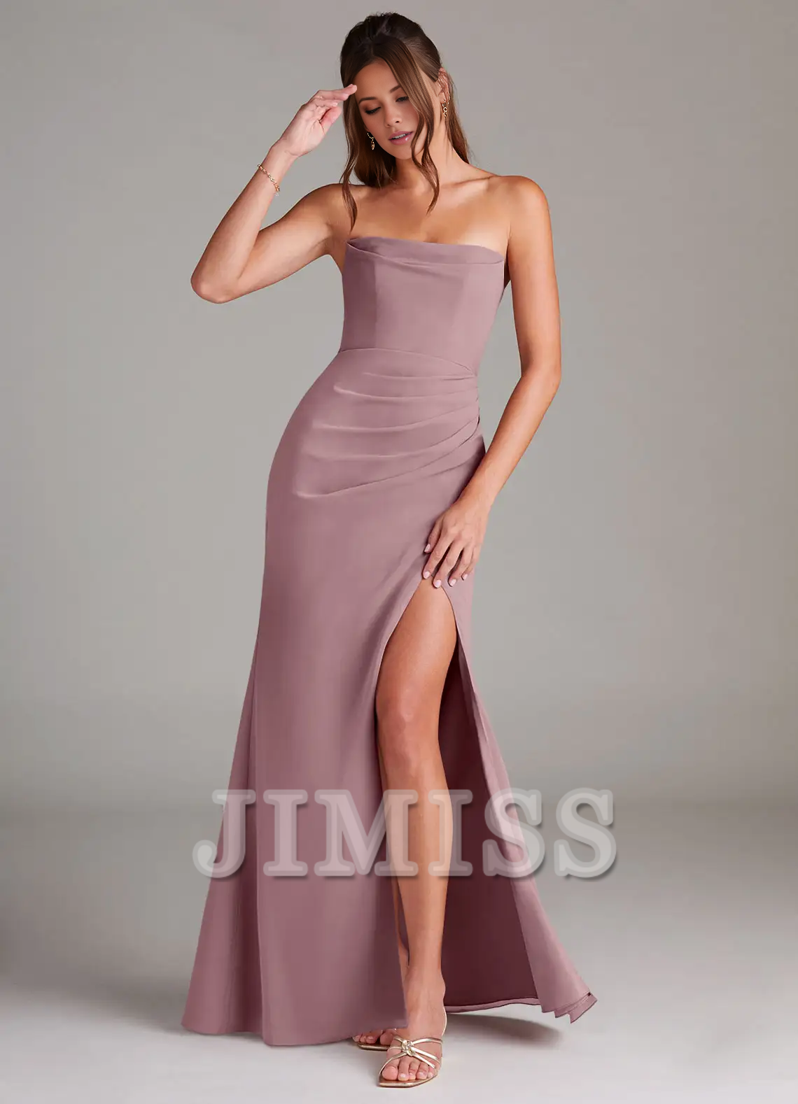 Vestido de dama de honor sin tirantes, con hombros descubiertos, abertura lateral, espalda descubierta y largo hasta el suelo - Vestido Jimiss 