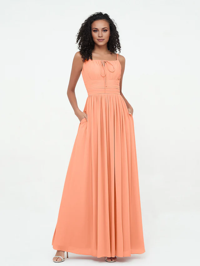 Chiffon Spaghetti-Strap Ruched Bodice Pocketed A-Line Floor-Length Bridesmaid Dresses