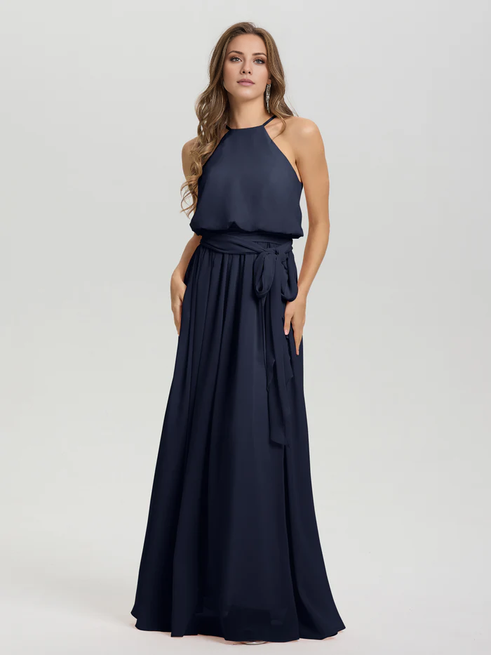 Vestidos de dama de honor de gasa sin mangas, con cuello redondo bajo y largo hasta el suelo