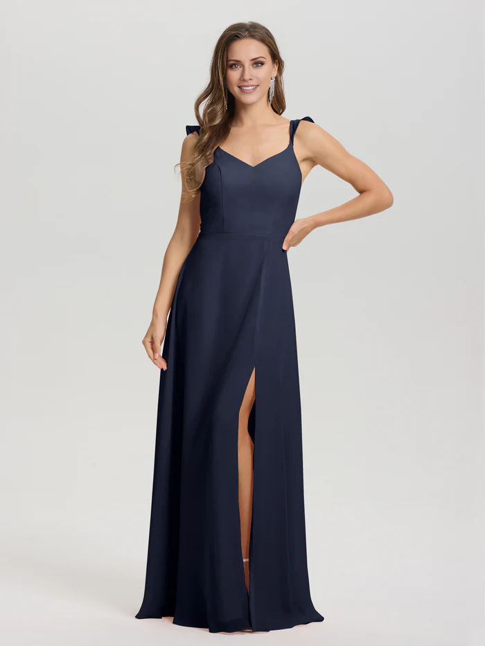 Vestido de dama de honor largo hasta el suelo con abertura en gasa con escote en V y tirantes anudados