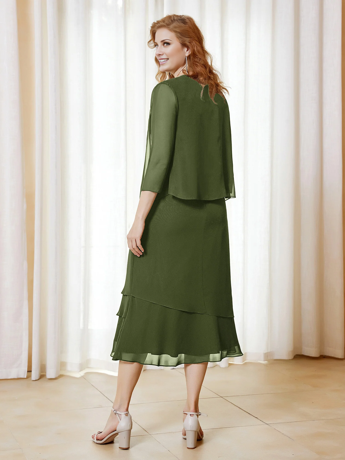 Olive Green Chiffon A-Line Midi Evening Dress with Twisted Waist & Ruffled Hem and Scoop Neck