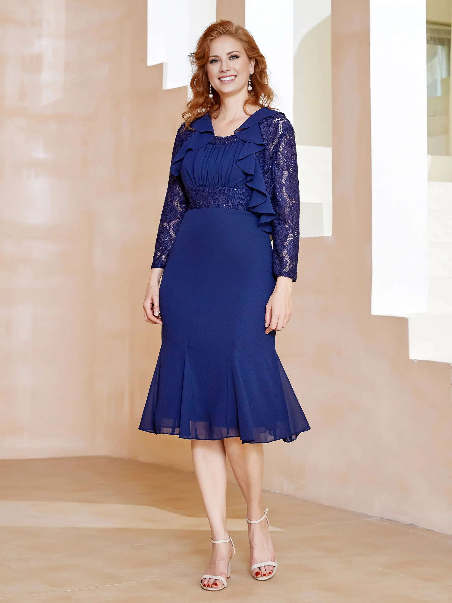 Dark Navy Lace Sleeve Ruffled Scoop Neck Sheath Knee-Length Evening Dress