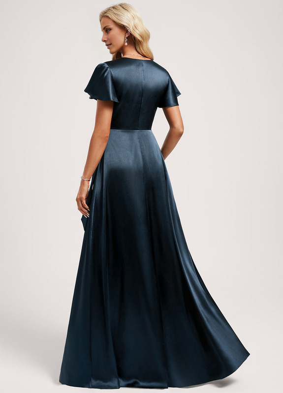 Vestido de dama de honor de satén elástico, largo hasta el suelo, con escote en V y corte A