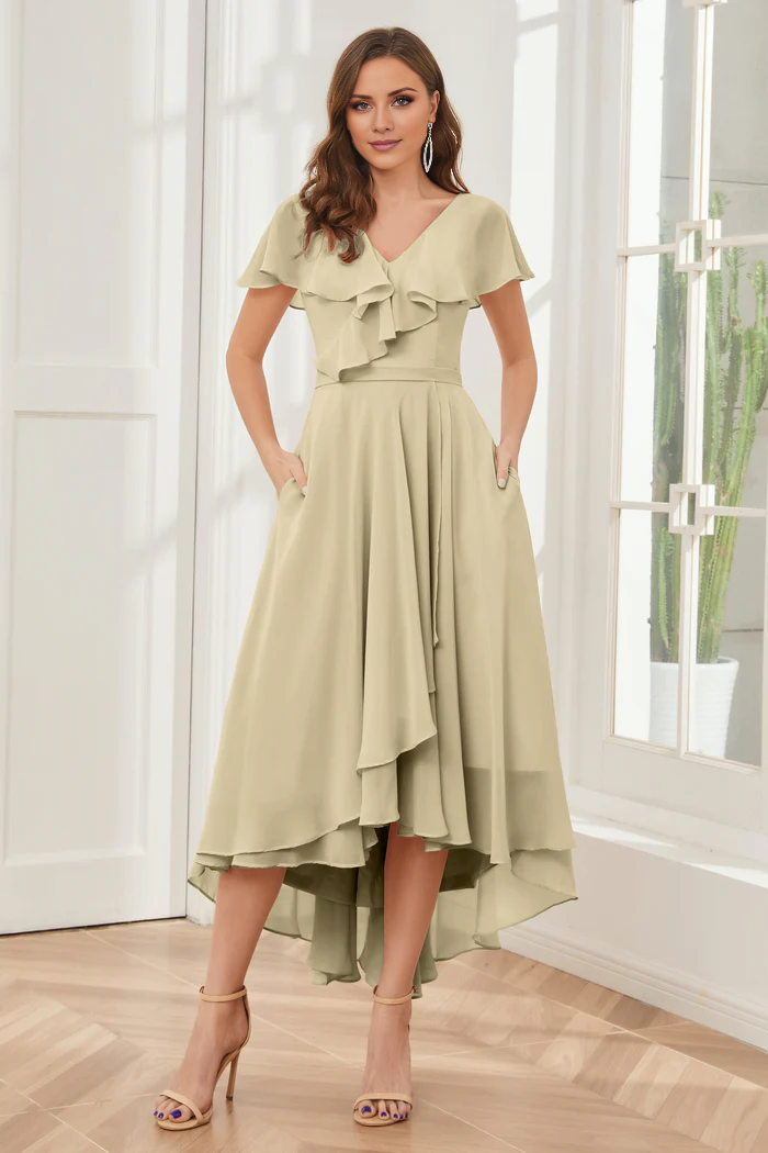 V-neck high-low short sleeved tea long bridesmaid dress