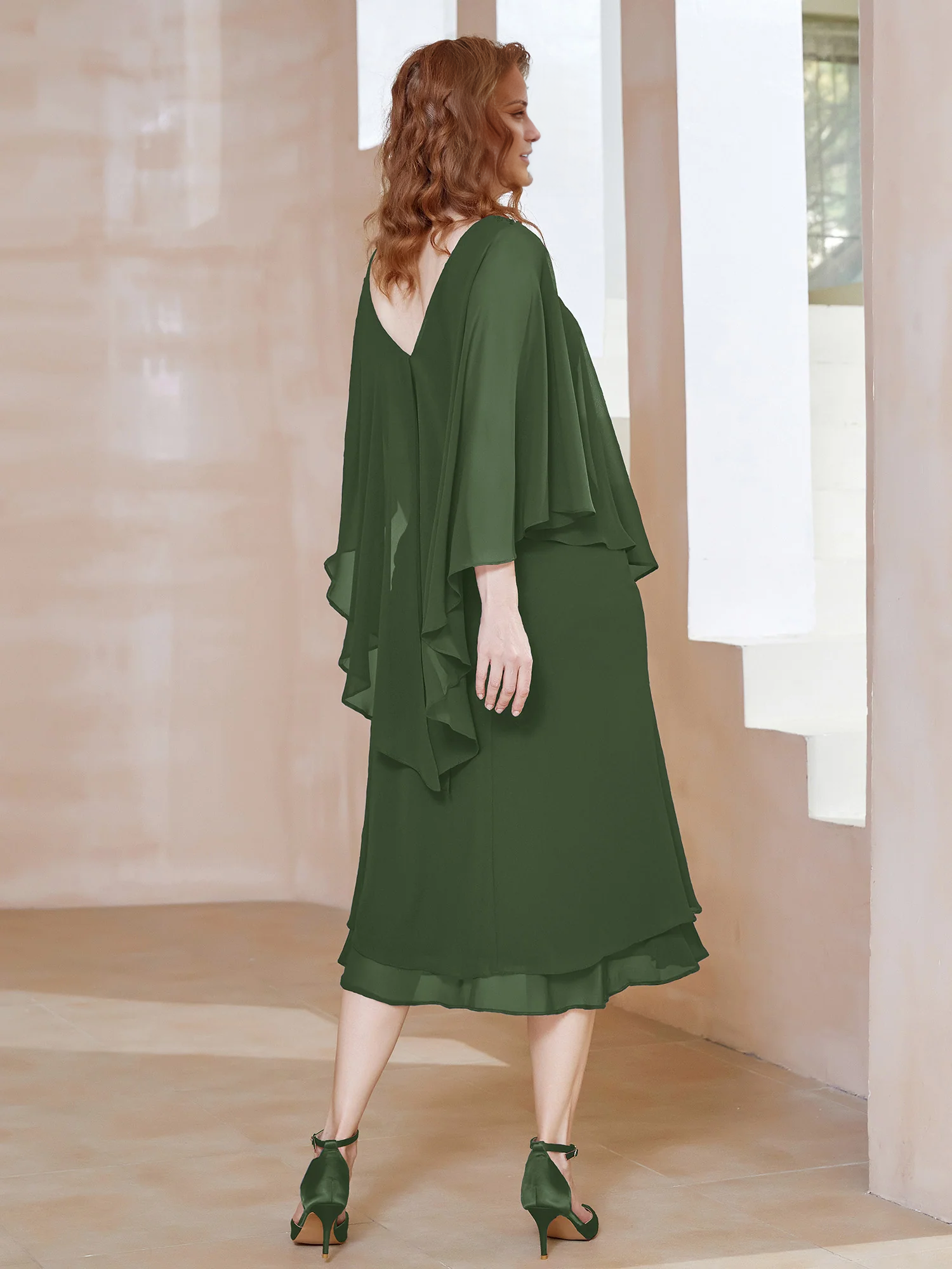 Olive Green Chiffon Knee-Length Dress with Cape Overlay & Beaded V-Neck