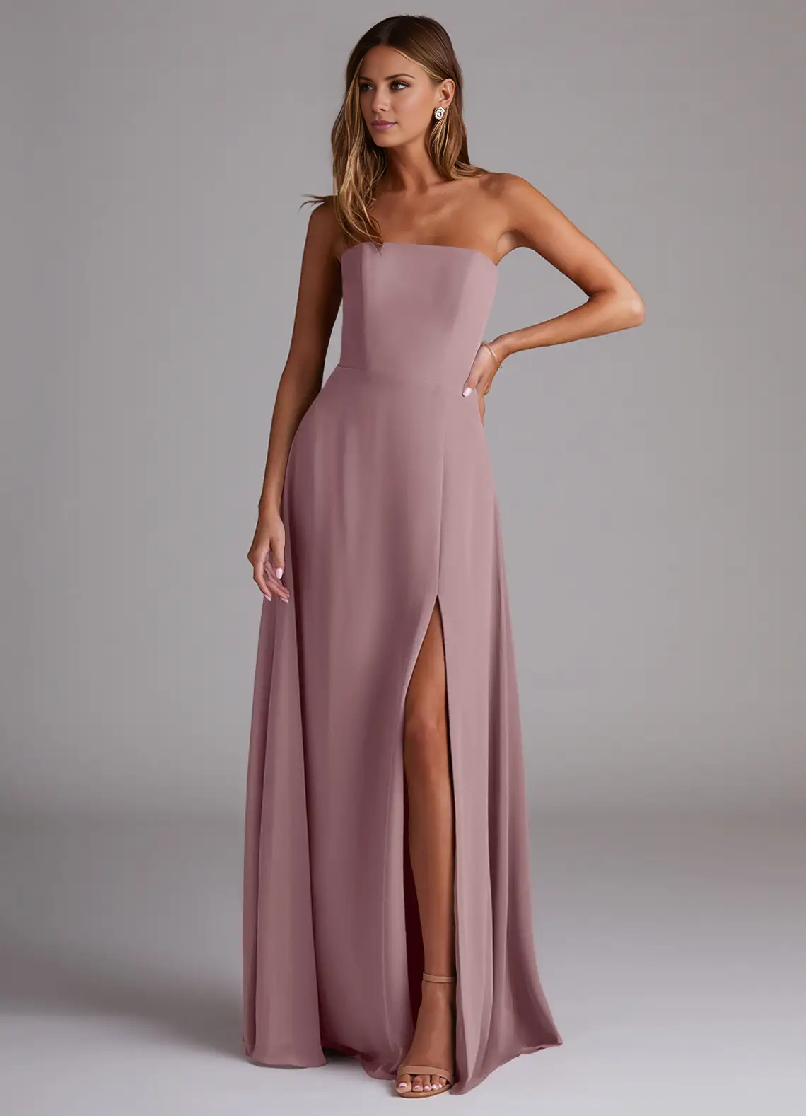 Abito da damigella d'onore a trapezio con spacco laterale in chiffon e cucitura laterale, lunghezza al pavimento - Abito Jimiss 