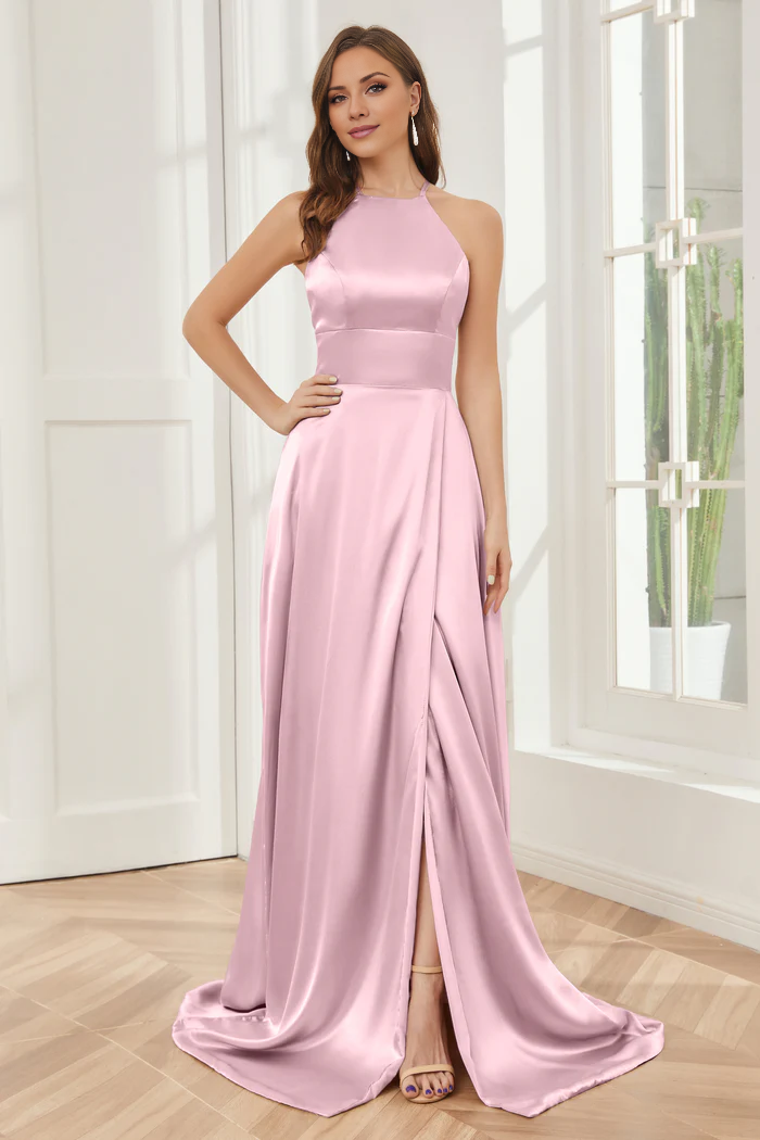 Vestido de dama de honor largo hasta el suelo de satén suave con escote de columna