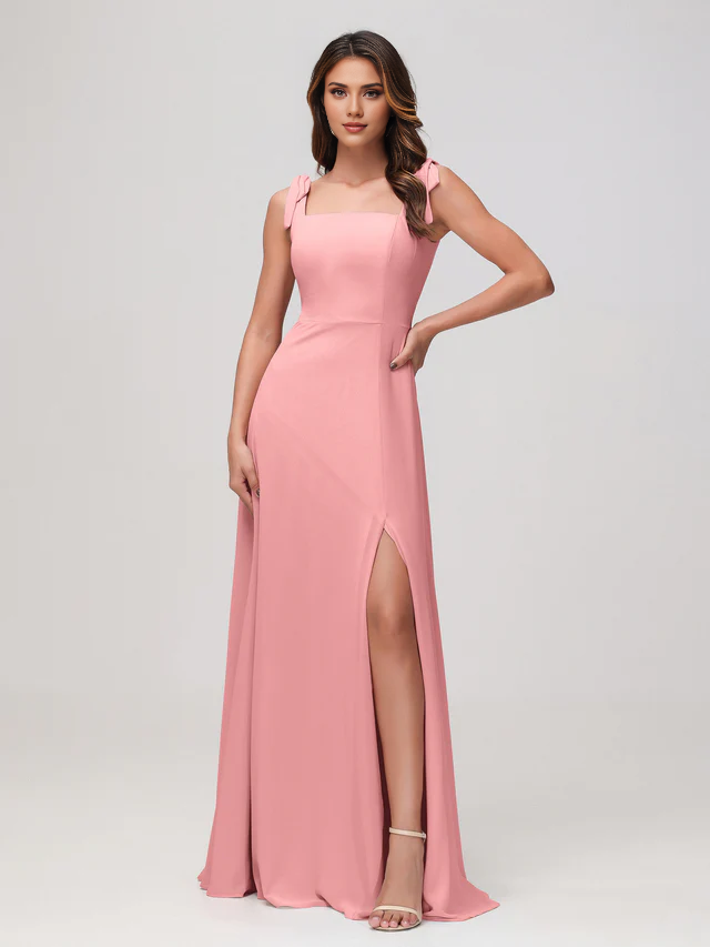 Olive Green Chiffon A-Line Floor-Length Bridesmaid Dress with Square Neck
