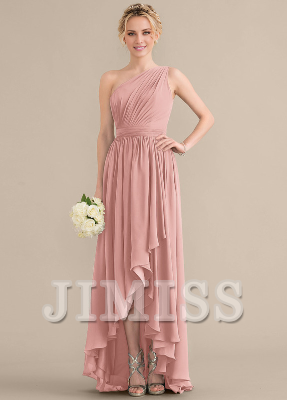 Dark Navy Chiffon A-Line High-Low Bridesmaid Dress with One Shoulder + Ruched Bodice + High-Low Ruffled Skirt