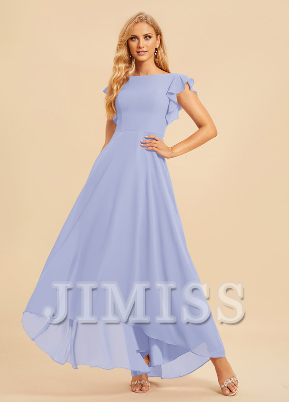 Vestido de dama de honor asimétrico de gasa con escote en A y volantes