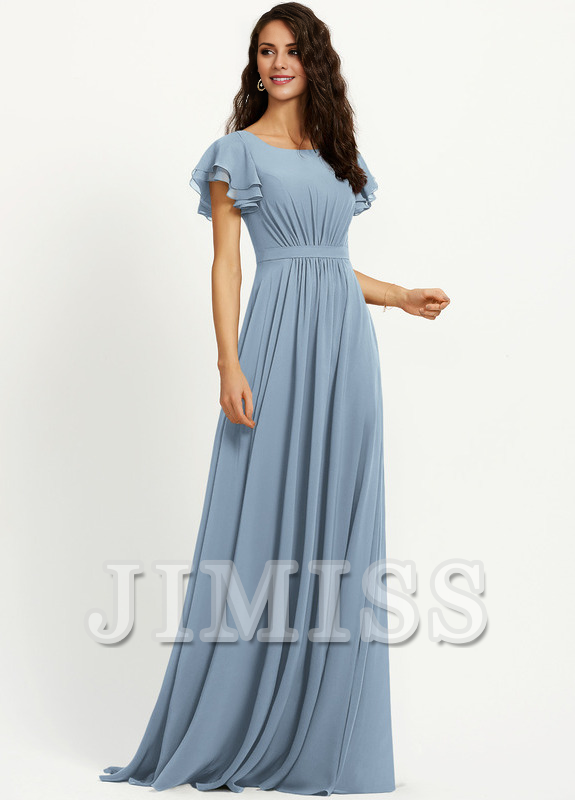 Vestido de dama de honor de gasa con escote redondo y volantes en forma de A