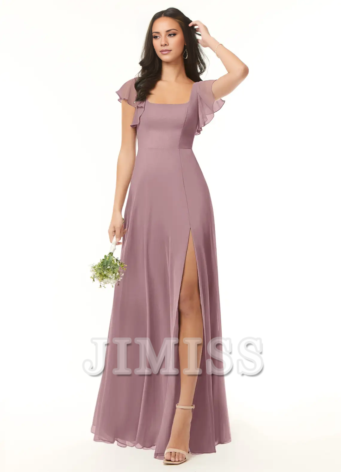 Abito da damigella d'onore lungo fino al pavimento, senza spalline, in chiffon plissettato a trapezio e senza schienale - Abito Jimiss