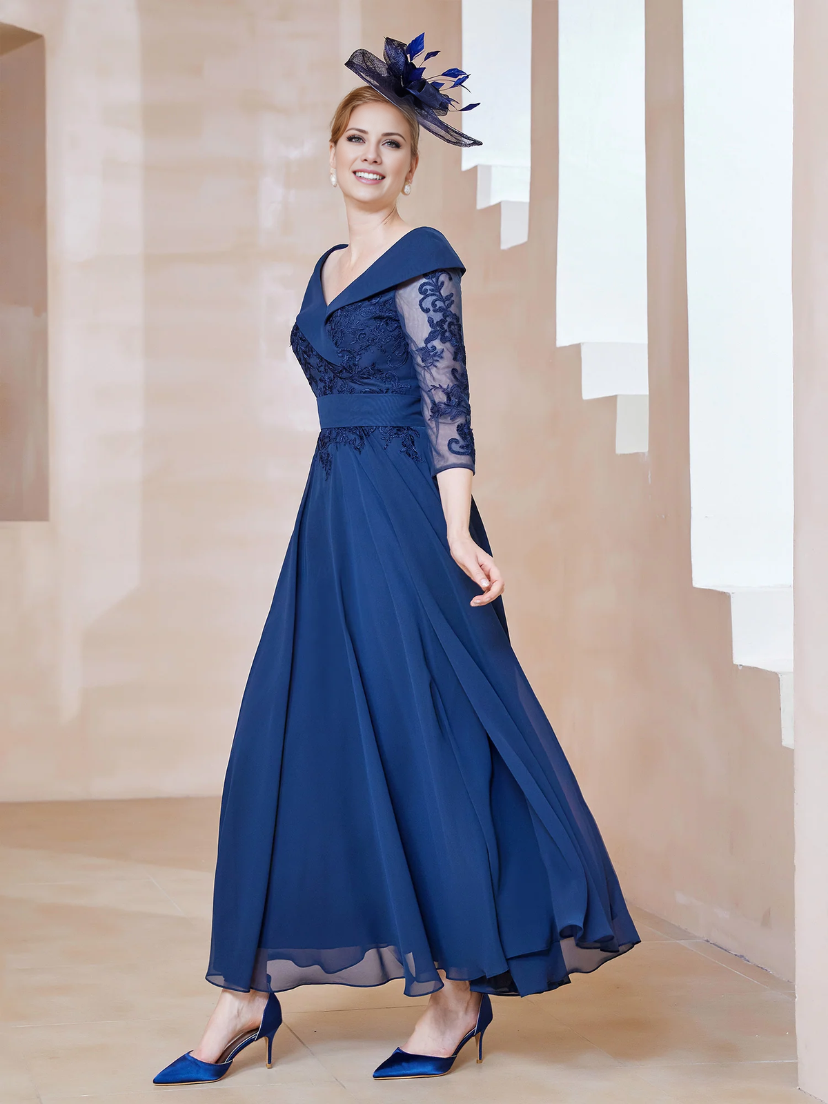 Dark Navy Chiffon A-Line Ankle-Length Off-the-Shoulder Evening Dress