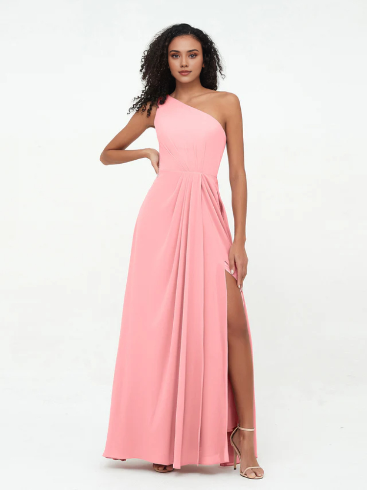 Chiffon One-Shoulder Ruched Bodice High-Slit A-Line Floor-Length Bridesmaid Dresses