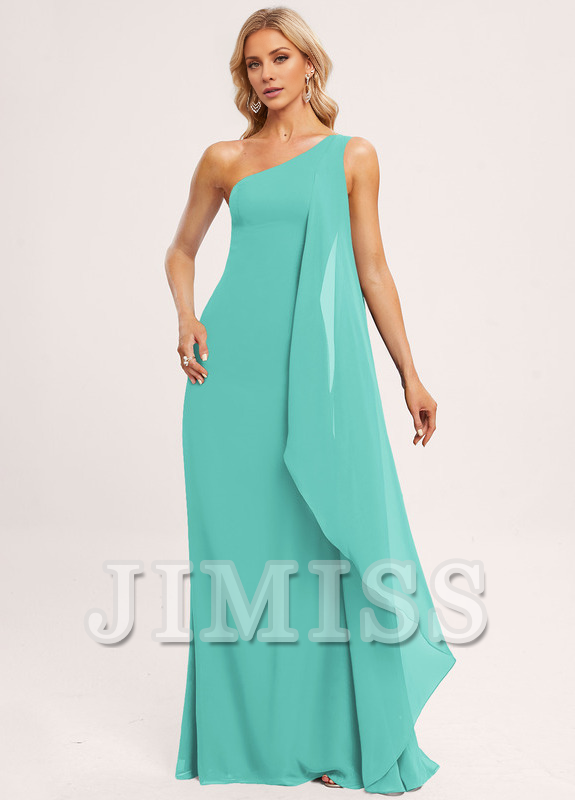 Vestido de dama de honor de gasa con volantes, corte A, un hombro al aire y largo hasta el suelo