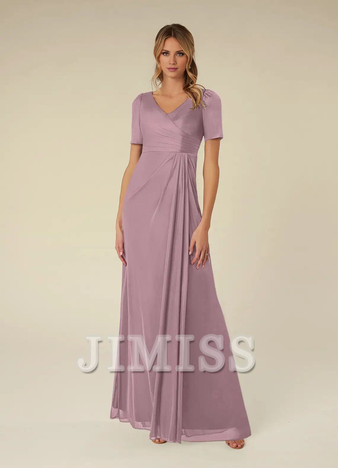 Abito da madre della sposa lungo fino al pavimento, a maniche corte, in rete plissettata, a trapezio