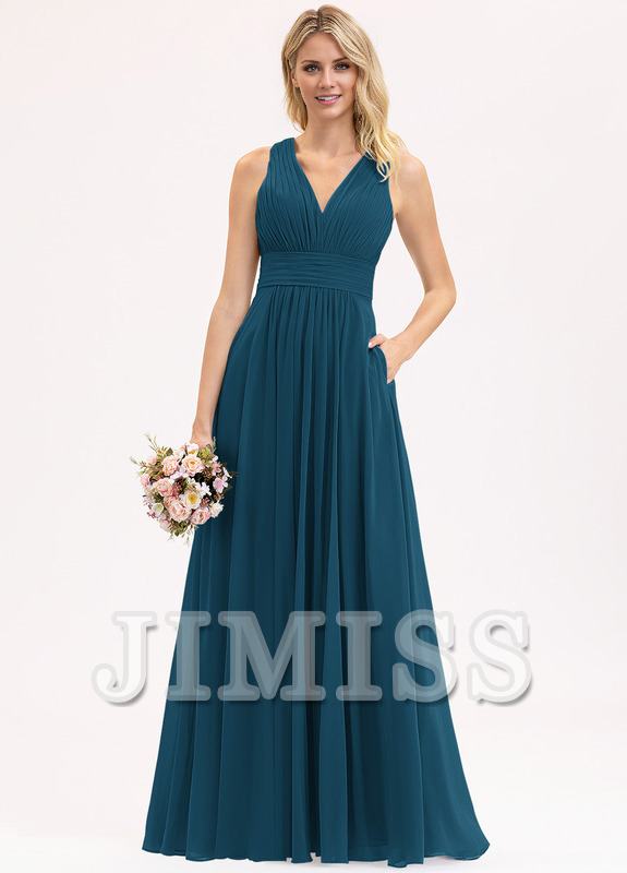 Dusty Blue Chiffon A-Line Bridesmaid Dress with V-Neck and Pockets