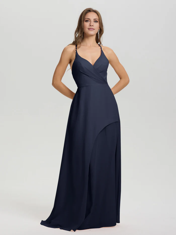 Shoulder strap V-neck backless long chiffon formal and floor length Bridesmaid dresses