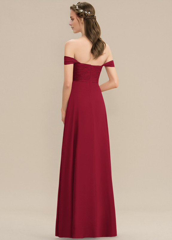 Burgundy Off-the-shoulder Ruched Bodice A-Line Floor-Length Bridesmaid Dress