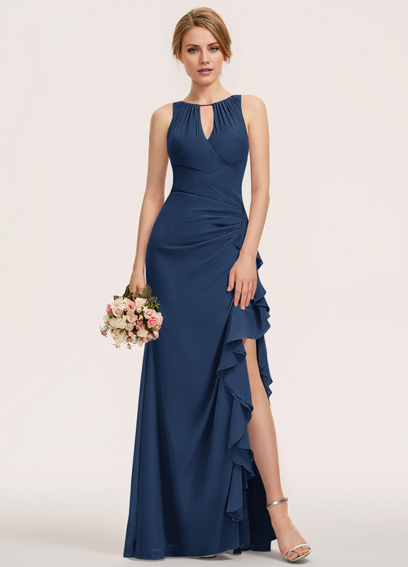 Dark Navy Chiffon A-Line Floor-Length Bridesmaid Dress with Keyhole Neck, Ruched Bodice & Ruffled High Slit