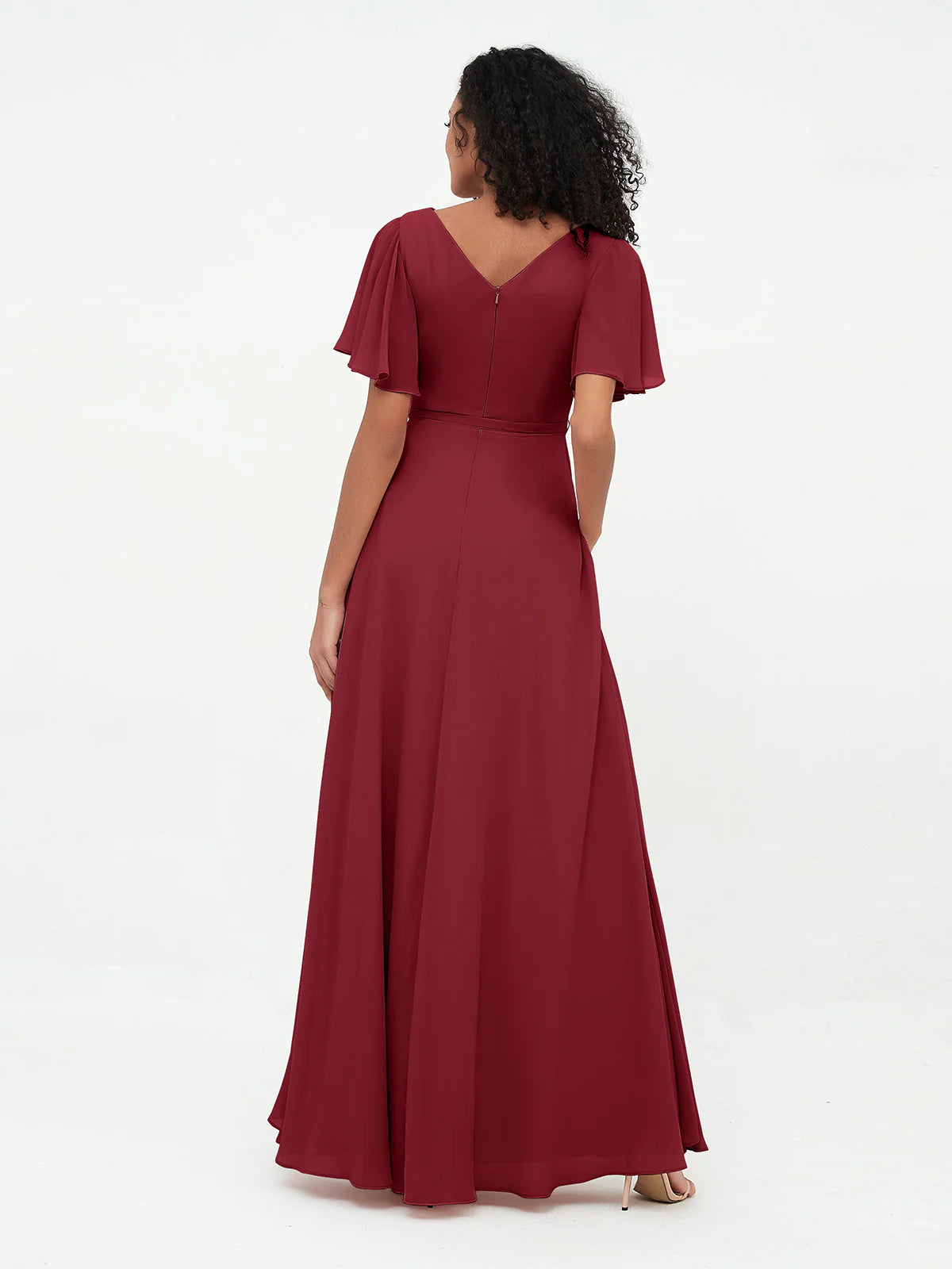 Dark Navy Chiffon A-Line Floor-Length Bridesmaid Dress with Flutter Sleeves & Tie Waist
