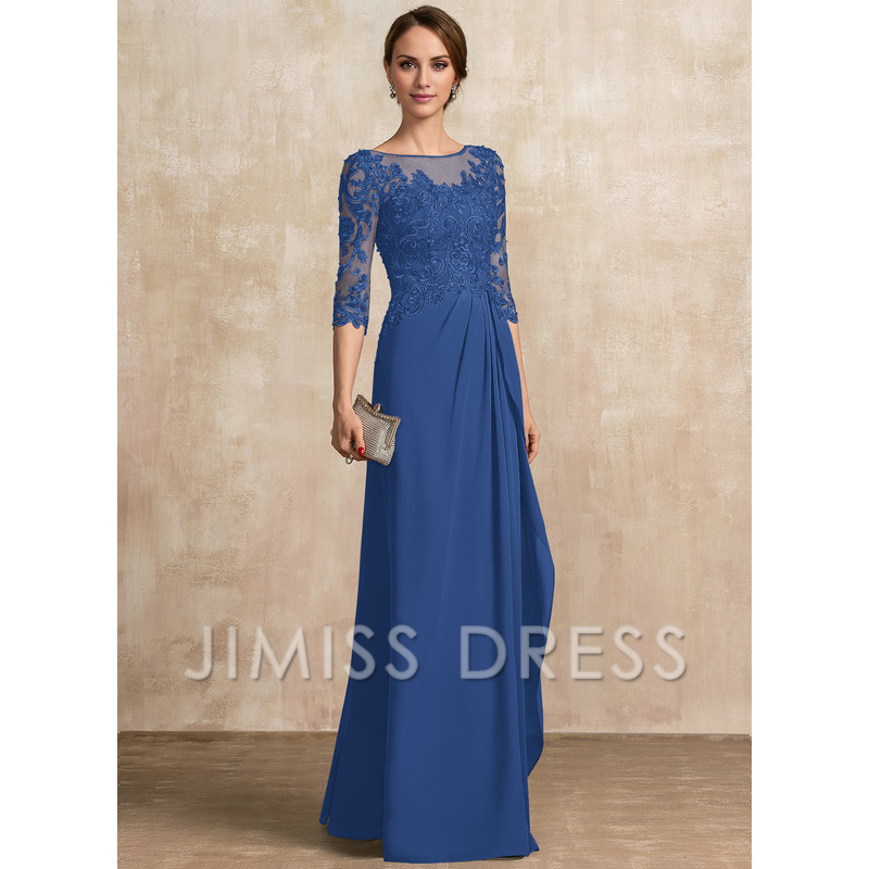 Jimiss A-shaped Scoop Illusion floor mopping chiffon lace ribbon bead sequins layered ruffles mother of the bride dress