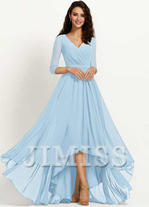 A-line V-neck asymmetric pleated chiffon bridesmaid dress
