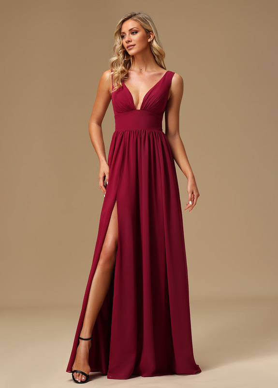 Burgundy Chiffon A-Line V-Neck Floor-Length Bridesmaid Dress