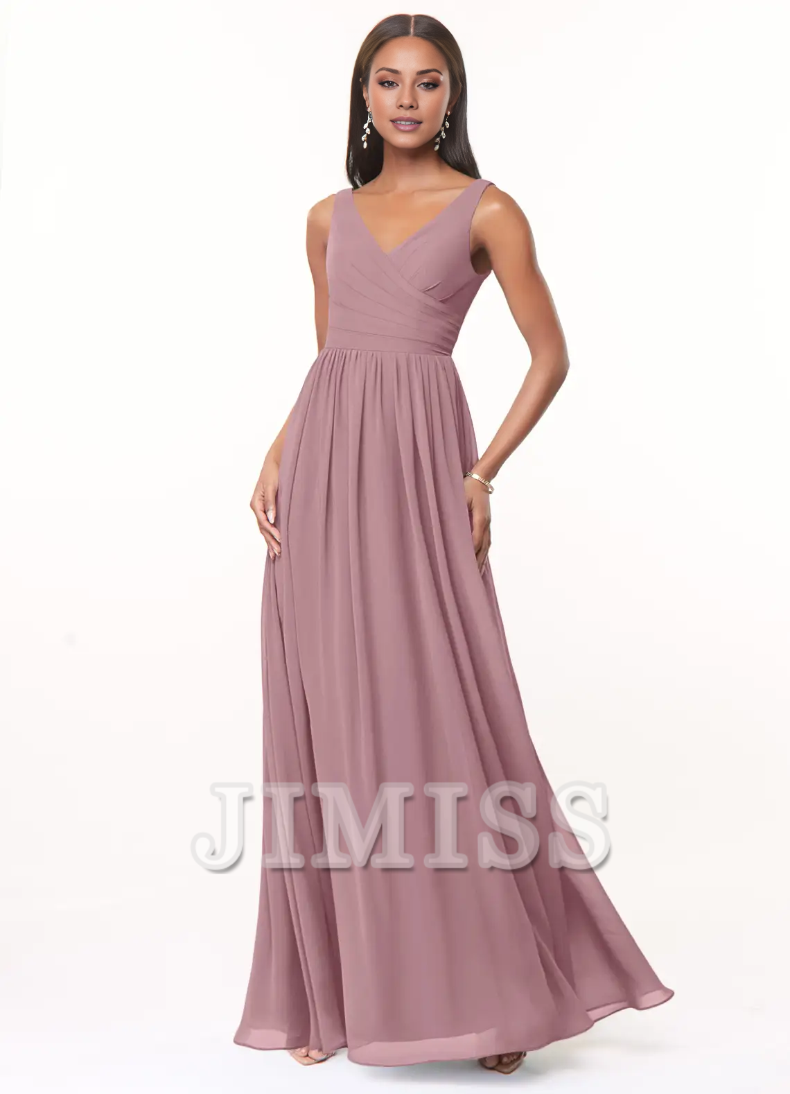 Vestido de dama de honor de gasa plisada con escote en V y corte A hasta el suelo - Vestido Jimiss 