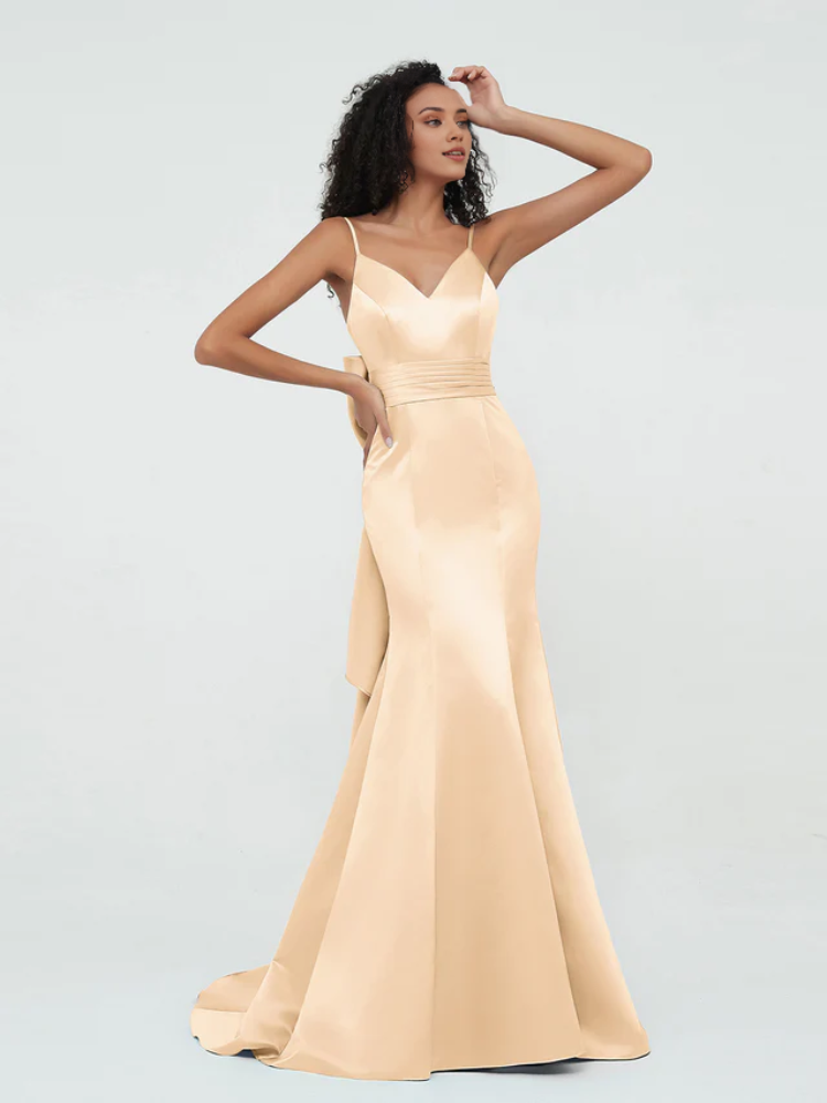 Satin Spaghetti-Strap Deep V-Neck Back Bow Detail A-Line Floor-Length Bridesmaid Dresses