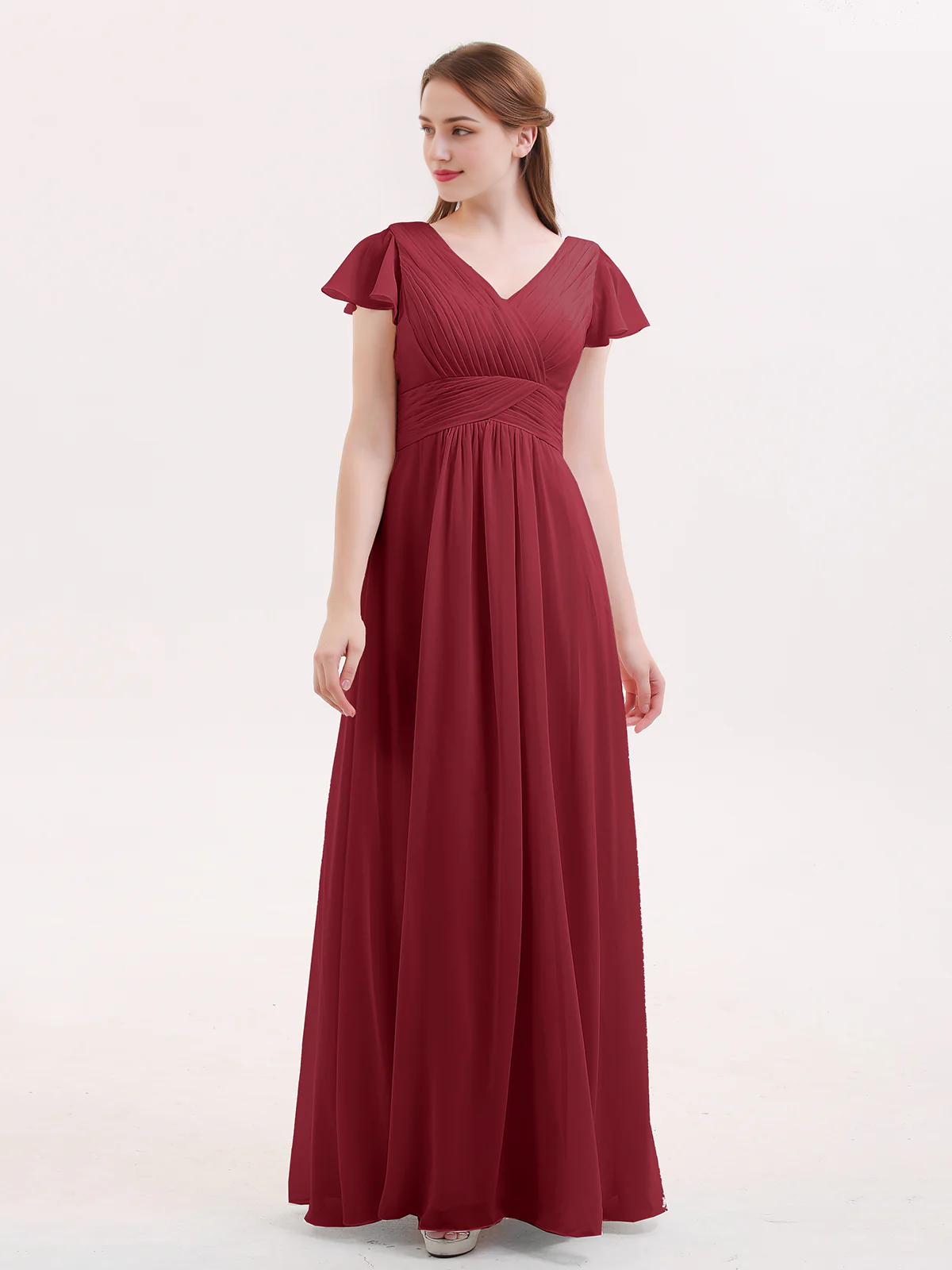 Burgundy Chiffon A-Line V-Neck Floor-Length Bridesmaid Dress