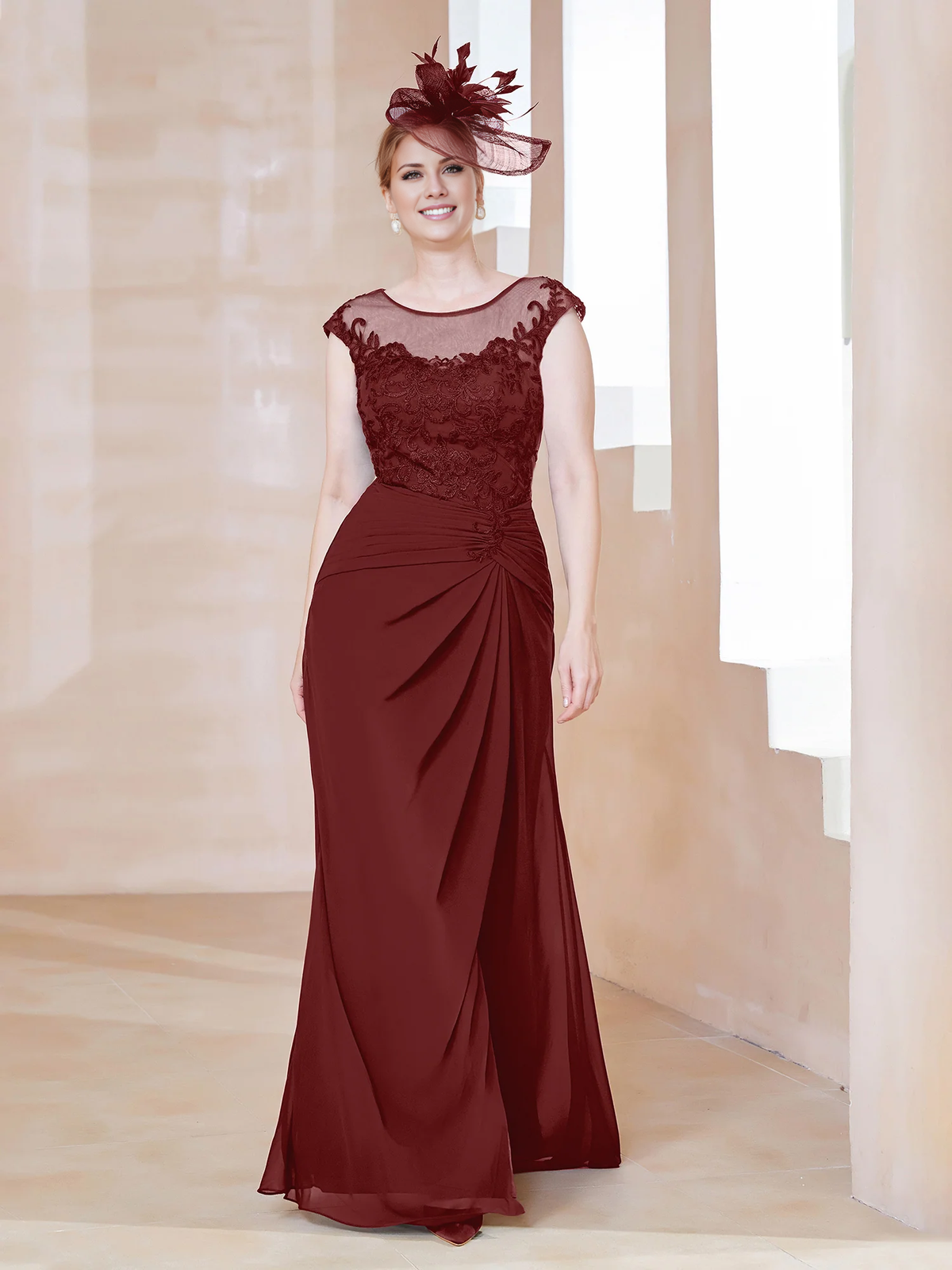 Dark Navy Chiffon A-Line Floor-Length Evening Dress with Illusion Neck and Draped Front