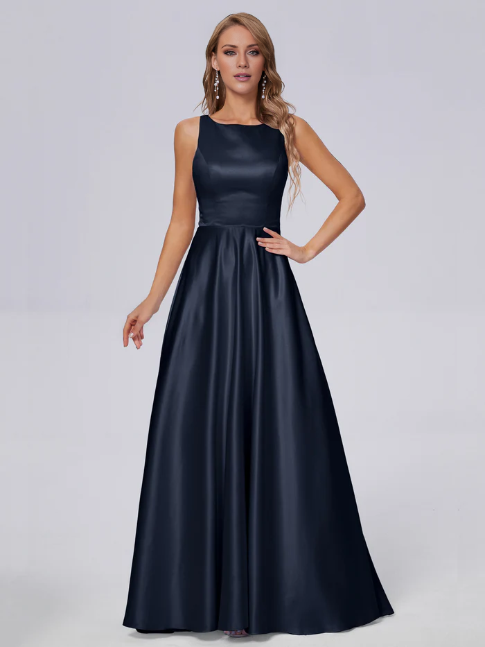 Sleeveless satin long and floor length bridesmaid dress