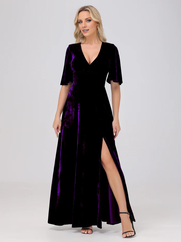 Abito da damigella d'onore in velluto con scollo a V, maniche corte e spacco, lunghezza al pavimento