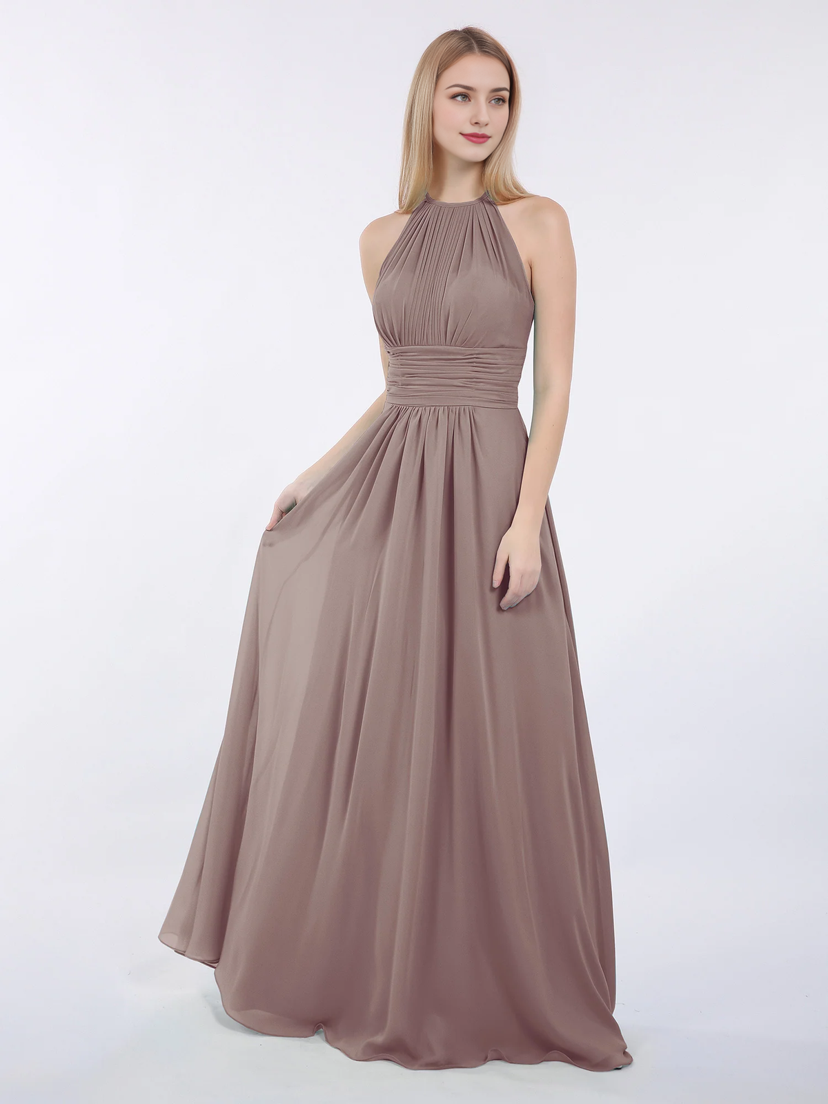 Mocha Chiffon A-Line Halter Neck Floor-Length Bridesmaid Dress with Pleated Bodice