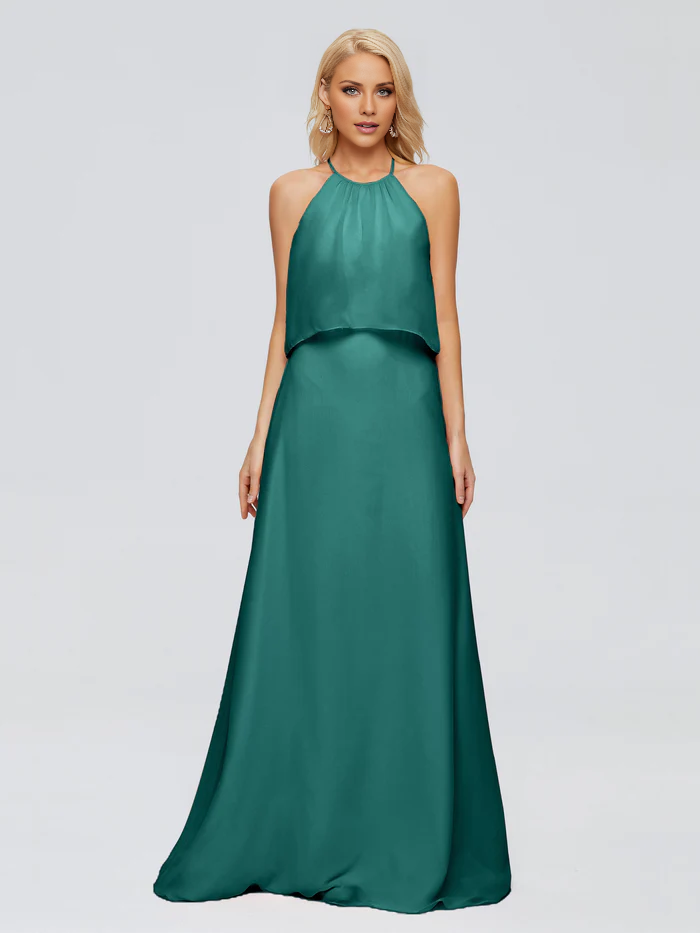 Vestido de dama de honor largo hasta el suelo en gasa con escote halter