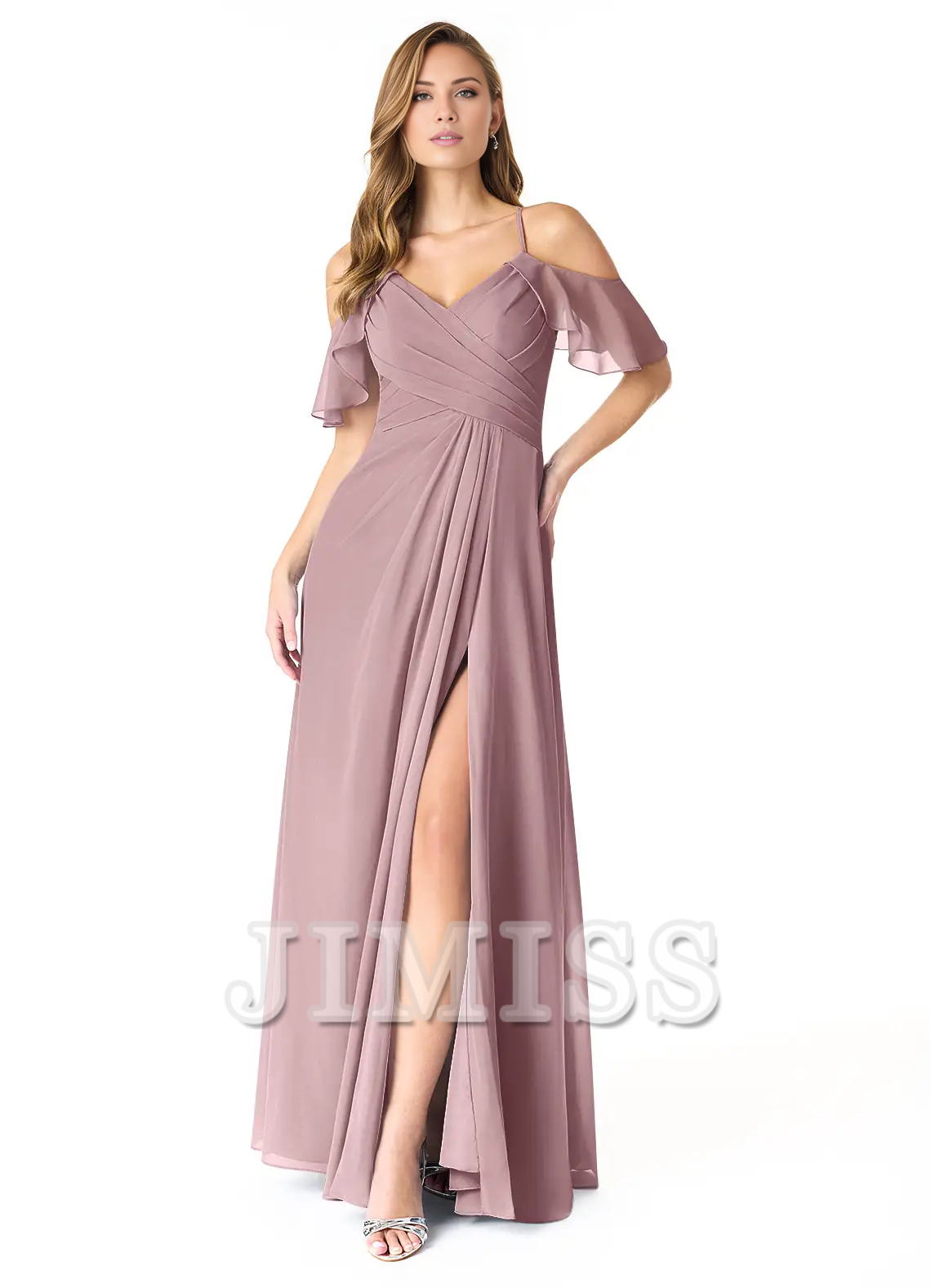 Vestido de dama de honor de gasa plisada con escote en V, corte A, abertura lateral y largo hasta el suelo - Vestido Jimiss 