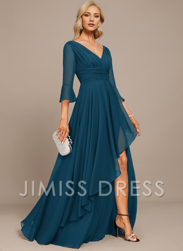 Stormy Chiffon A-Line Asymmetrical Bridesmaid Dress with V-Neck and Pleated Bodice