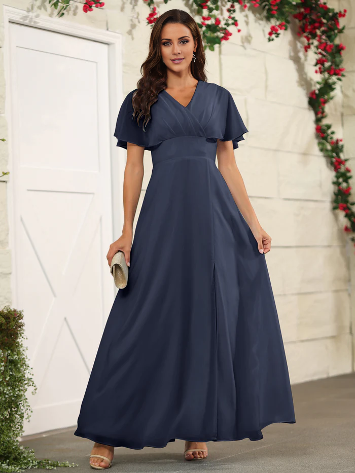 Chiffon short sleeved V-neck slit and floor length bridesmaid dress