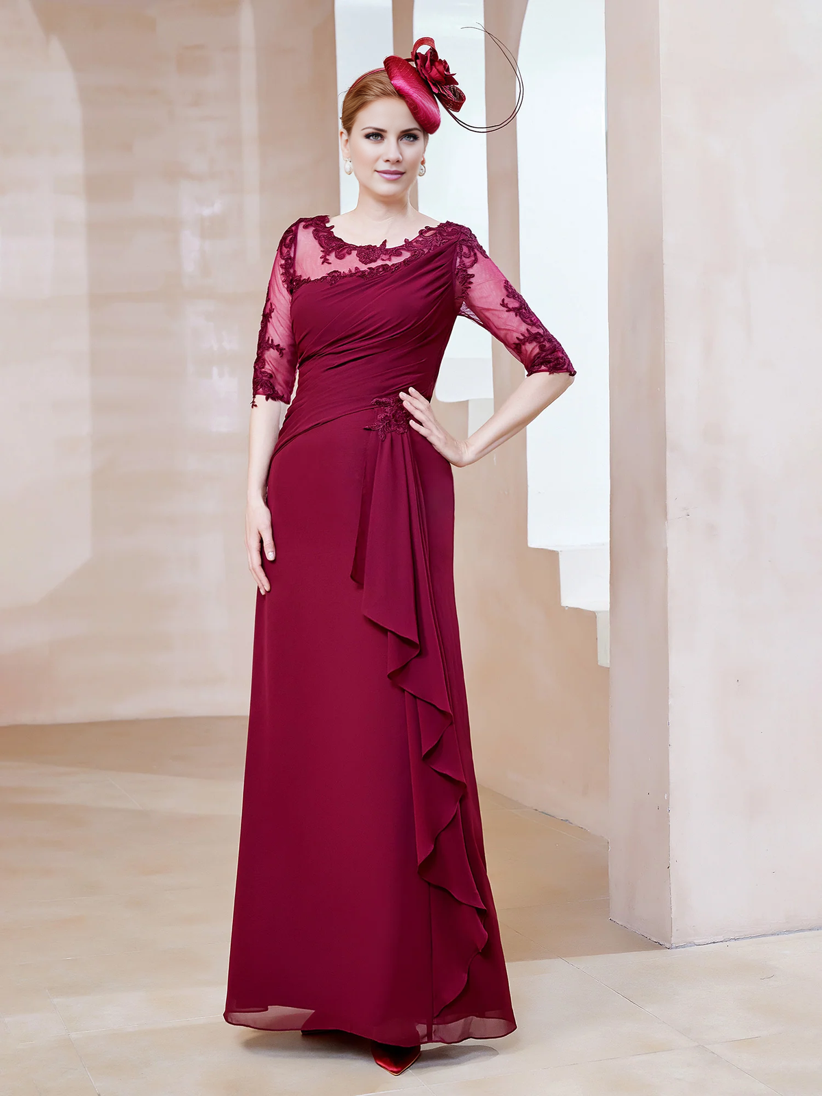 Burgundy Chiffon A-Line Floor-Length Evening Dress with Lace Bodice and Draped Waist