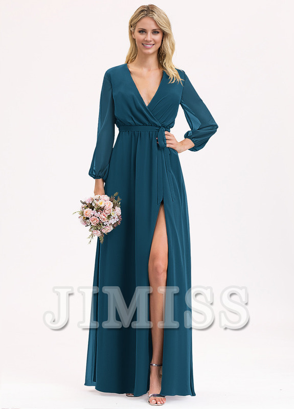 Abito da damigella d'onore in chiffon con scollo a V, lunghezza al pavimento, plissettato e fiocco