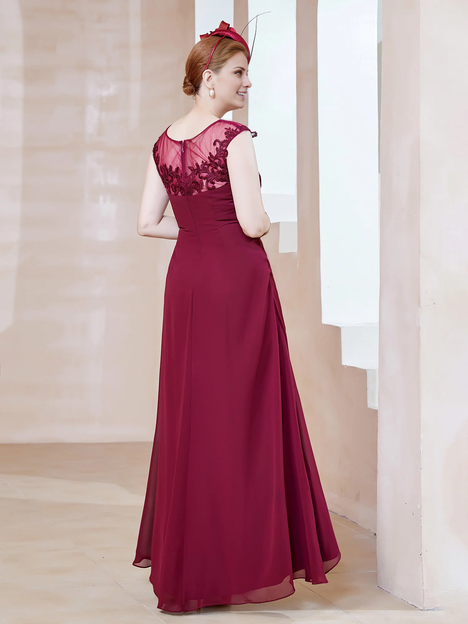 Burgundy Chiffon A-Line Asymmetrical Illusion Neck Dress with Lace Bodice