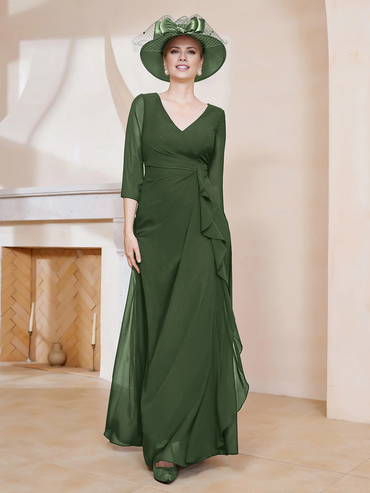 Navy Blue Chiffon A-Line V-Neck Floor-Length Evening Dress